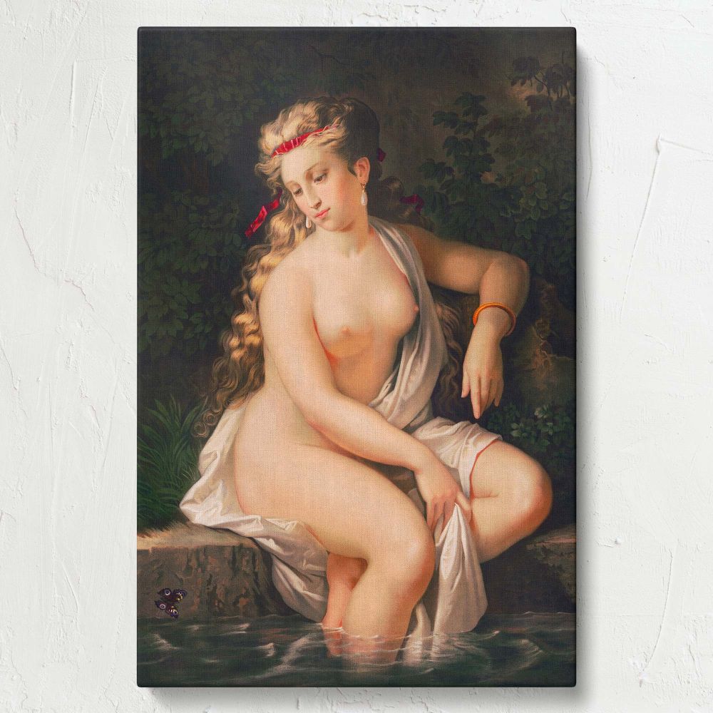 Lady of the Lake painting portraying a sensual and serene nude woman seated near water, her golden hair cascading around her shoulders, surrounded by deep green forest foliage and gentle rippling water, reflecting timeless romantic art.