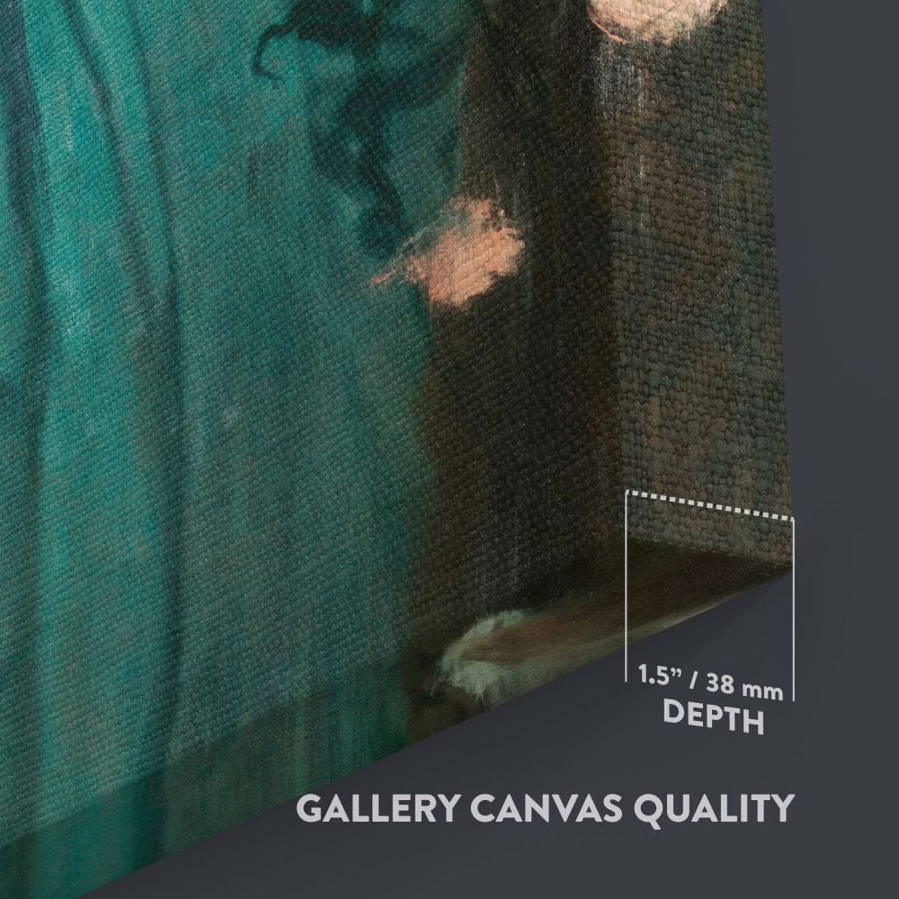 Romantic painting Young Woman with Ibis by Edgar Degas depicting a woman in teal fabric with delicate hands, accompanied by two vivid red ibis birds, set against an atmospheric background perfect for vintage-inspired wall art decor.