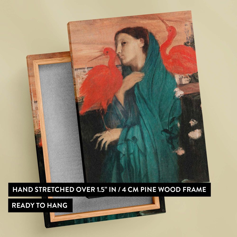 Timeless Young Woman with Ibis painting by Edgar Degas showcasing a young woman draped in teal fabric, her face serene, with two bold red ibis birds creating striking contrast against the soft warm sky and faint architectural scenery.