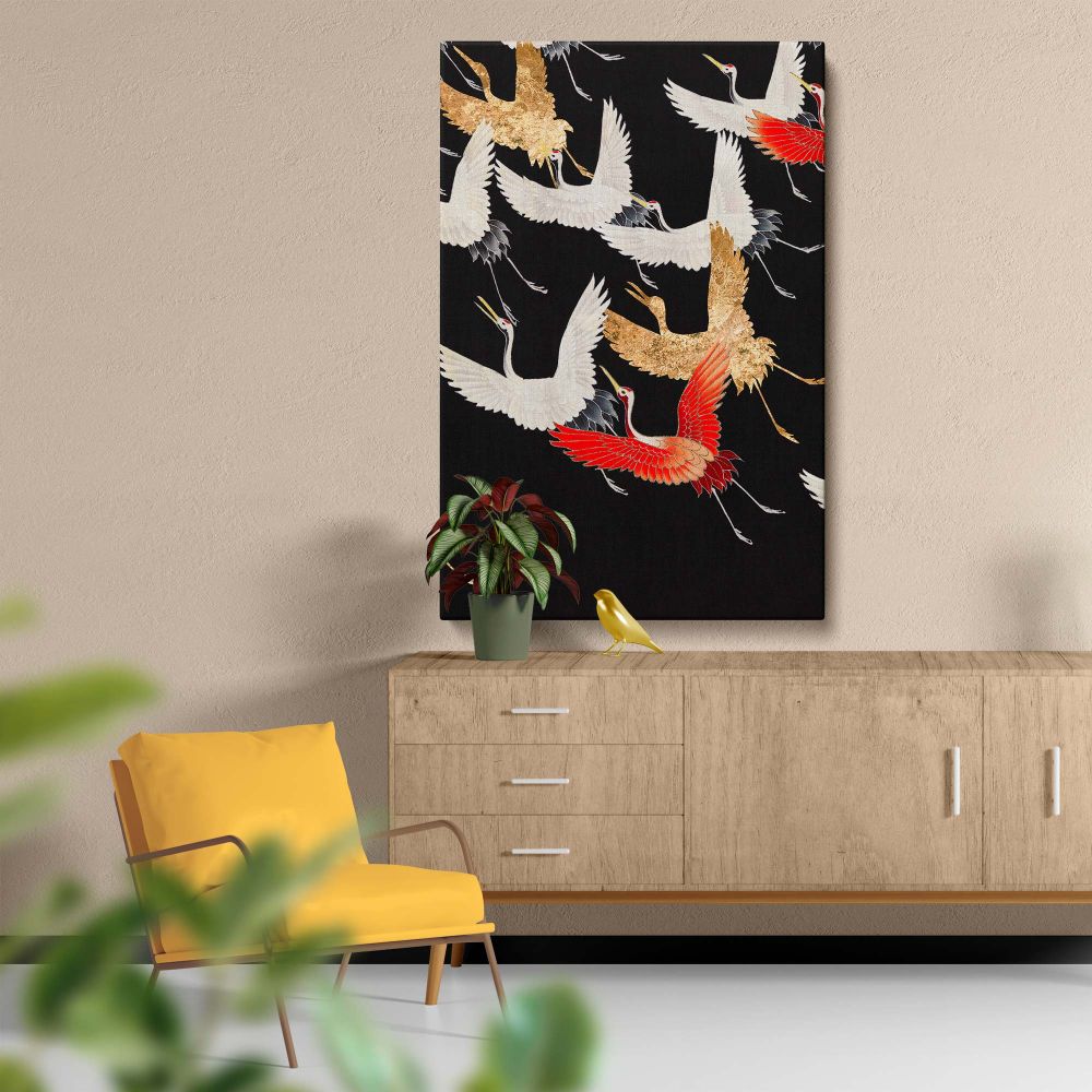 Timeless Japanese Flying Cranes illustration depicting white cranes with golden feathers and bold red wings flying gracefully across a dark background, representing cultural symbolism and elegance perfect for home or office wall decor.