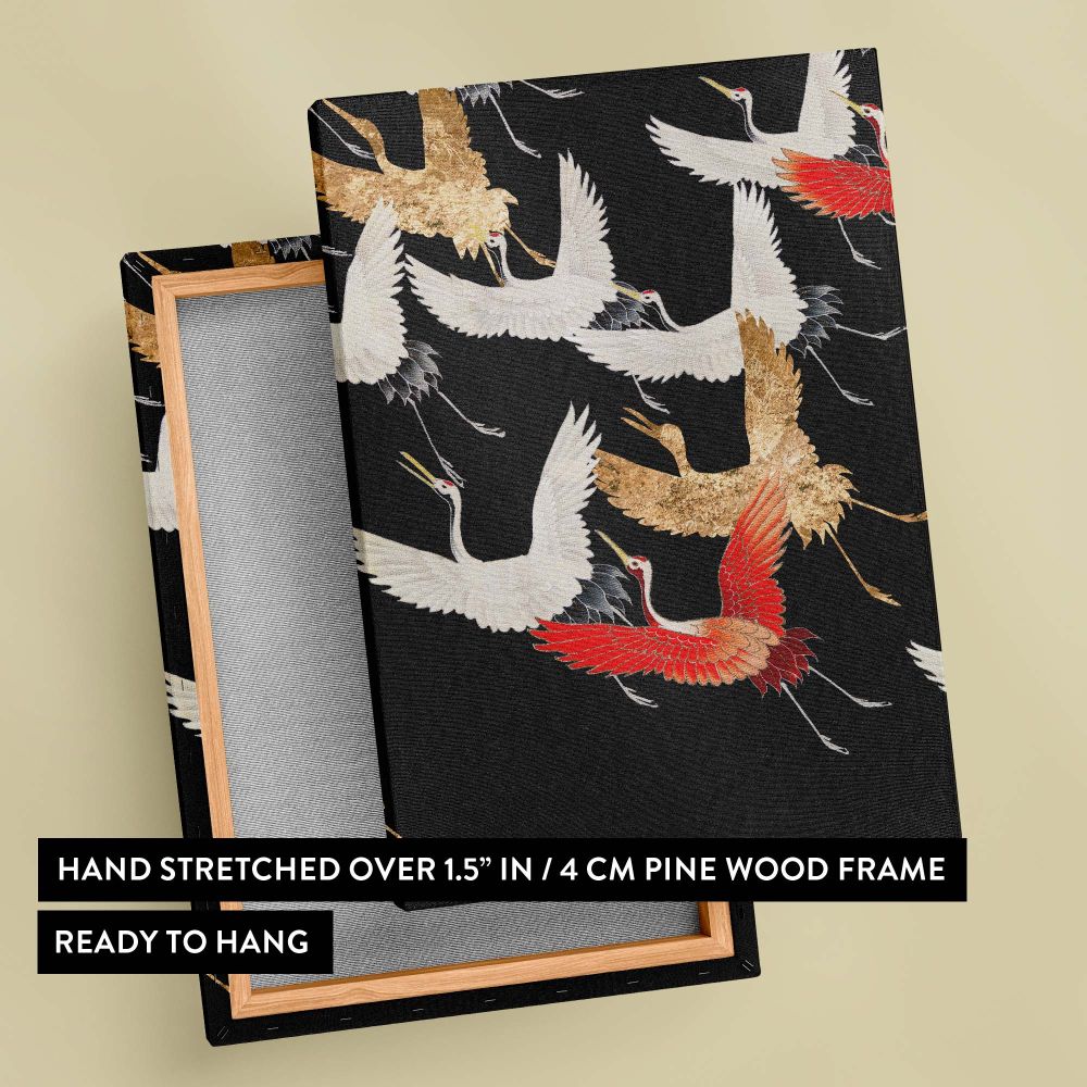 Classic Japanese Flying Cranes artwork showing vibrant red, white, and gold cranes soaring in harmony across a rich black background, symbolizing longevity and grace ideal for vintage-inspired wall art or Asian-themed decor.
