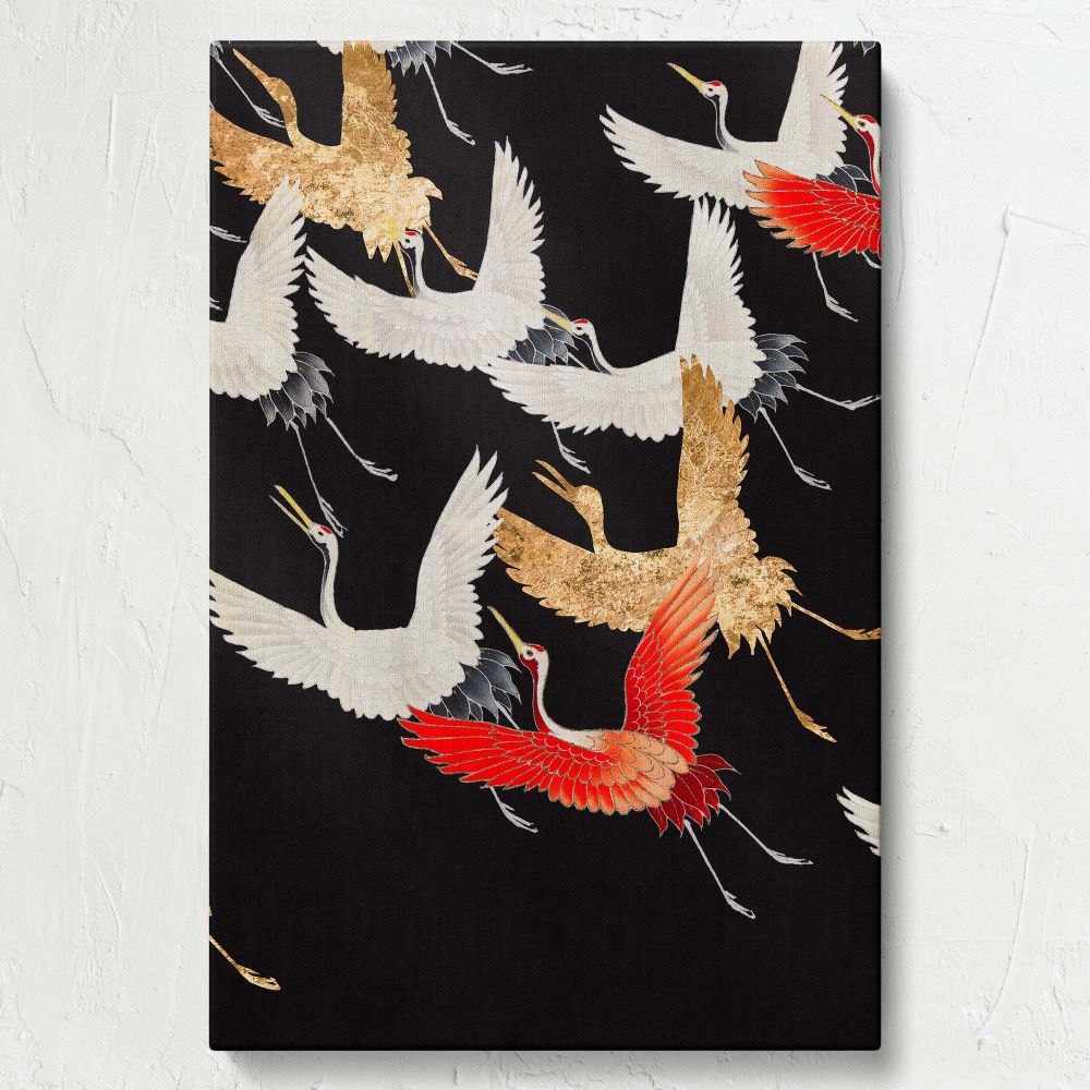 Japanese Cranes in Flight vintage poster featuring intricately designed white cranes with shimmering gold and bold red plumage soaring elegantly against a solid black background ideal for timeless wall decor or cultural art enthusiasts.