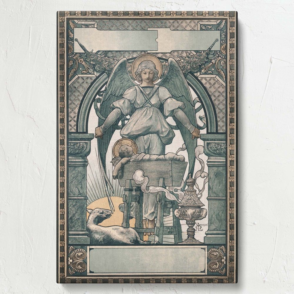 Spiritual artwork Harper's Bazaar Christmas (1889) by Luc-Olivier Merson showing a guardian angel with large feathered wings and a serene face watching over an infant in a wooden manger framed by decorative Art Nouveau patterns and warm light.