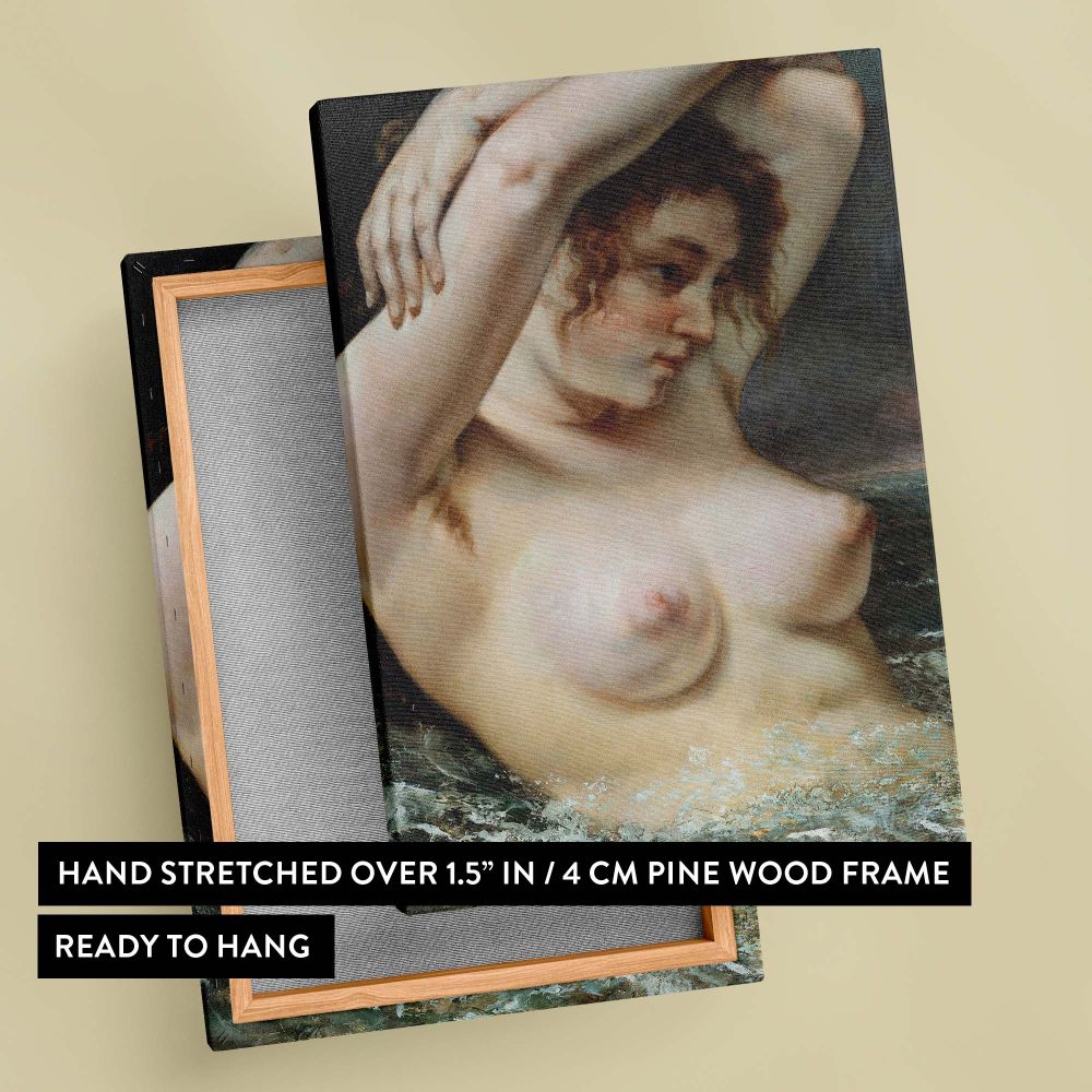 The Woman in the Waves painting by Gustave Courbet showcasing a nude woman partially submerged in ocean water, her arms gracefully lifted above her head, set against a stormy sky and swirling waves ideal for vintage wall decor.