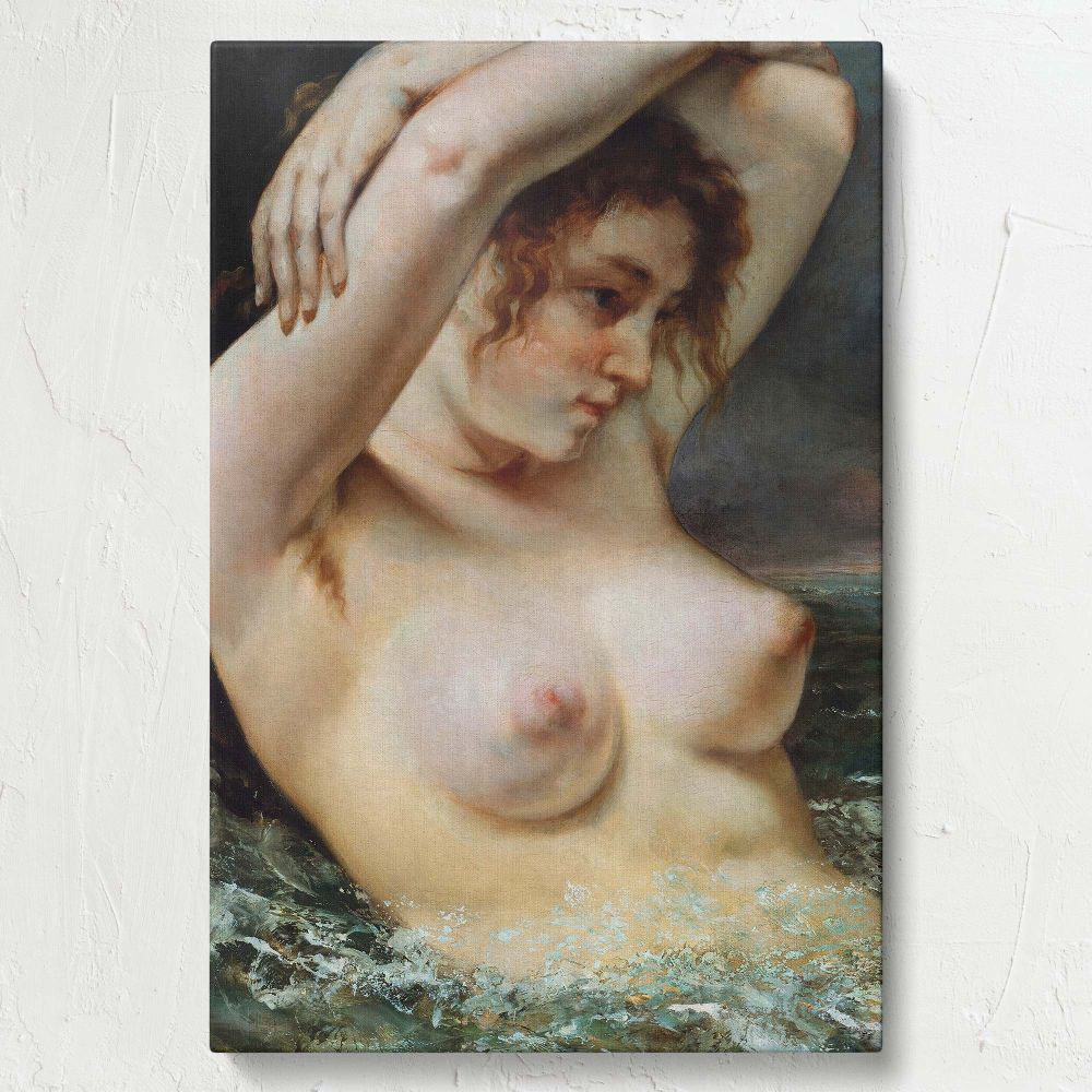 Gustave Courbet's The Woman in the Waves (1868) featuring a nude woman emerging from the sea with arms raised gracefully, her skin glowing against the turbulent ocean water and moody sky, symbolizing Romantic Realism elegance.