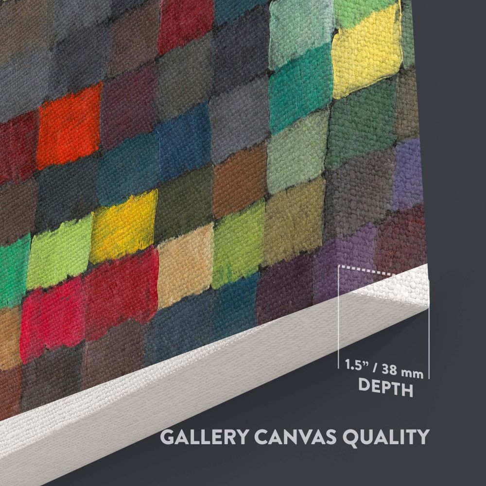 Abstract artwork May Picture by Paul Klee illustrating a colorful arrangement of geometric shapes in squares and rectangles, creating a visually striking and balanced composition with bold contrasting shades perfect for modern interior design.