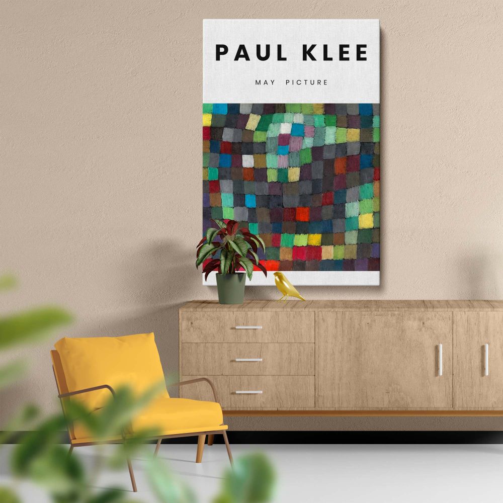 Paul Klee's May Picture (1925) showcasing an abstract composition of colorful squares and rectangles arranged in a harmonious geometric design with vibrant shades of green, blue, and red perfect for modern art-themed wall decor.