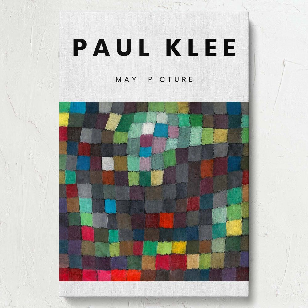 Modern abstract art May Picture by Paul Klee highlighting a striking composition of colorful geometric squares and rectangles arranged in an expressive mosaic pattern with bold contrasts and harmonious tones perfect for artistic wall decor.