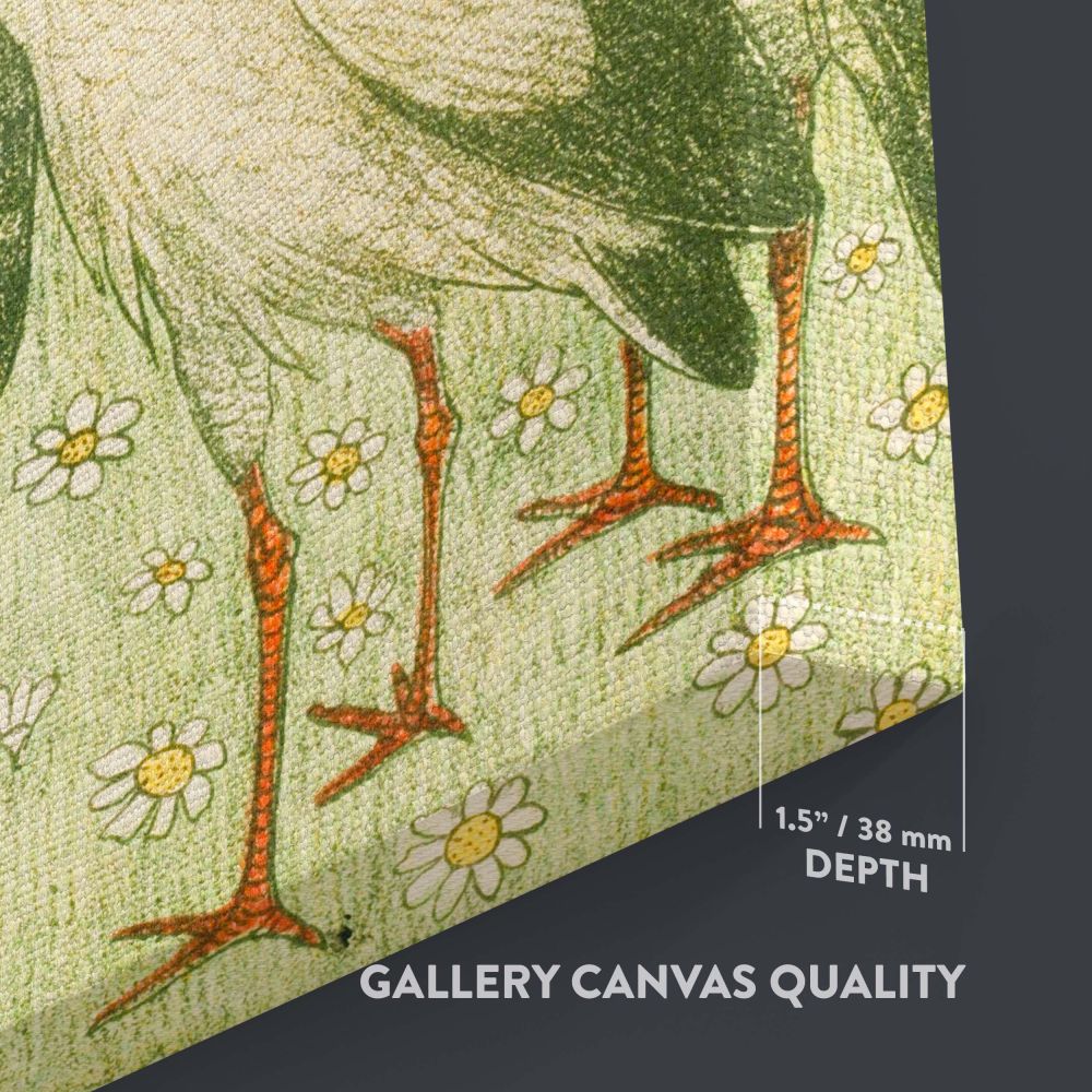 Wildlife-inspired vintage print Vijf Ooievaars in een Wei by Theo van Hoytema illustrating five storks standing and flying amidst blooming daisies, with a soft green background and intricate feather designs perfect for nature-themed wall decor.