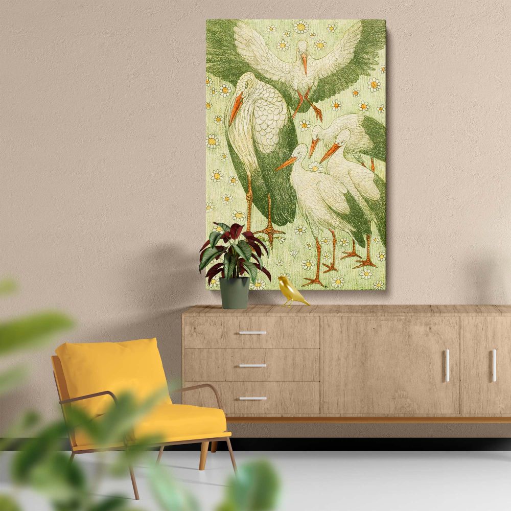 Elegant vintage artwork Vijf Ooievaars in een Wei by Theo van Hoytema featuring five storks with detailed feathers and red accents surrounded by daisies in a peaceful green meadow, symbolizing nature's harmony ideal for wildlife-inspired wall decor.