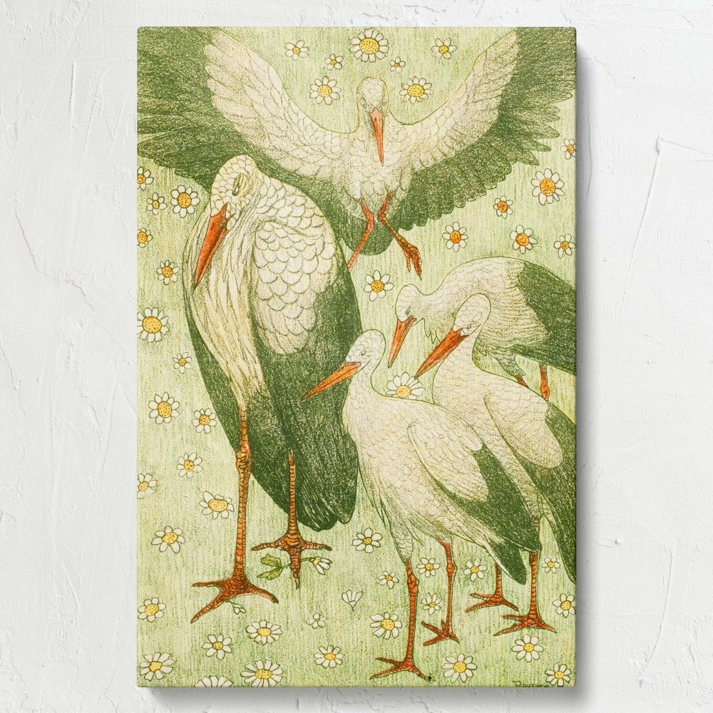 Theo van Hoytema's Vijf Ooievaars in een Wei vintage nature print featuring five intricately detailed storks with red beaks and legs standing and flying in a daisy-covered field with a serene pastel green background ideal for classic home decor.