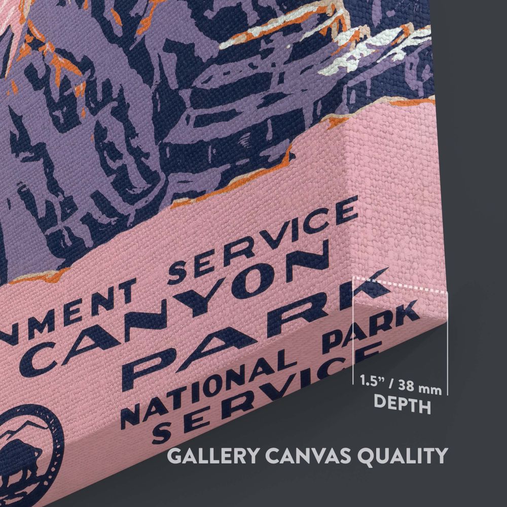 Historical travel artwork Grand Canyon National Park (1938) by Chester Don Powell depicting layered rock formations in pastel pink, purple, and orange tones with bold text promoting tourism and conservation perfect for retro home decor.