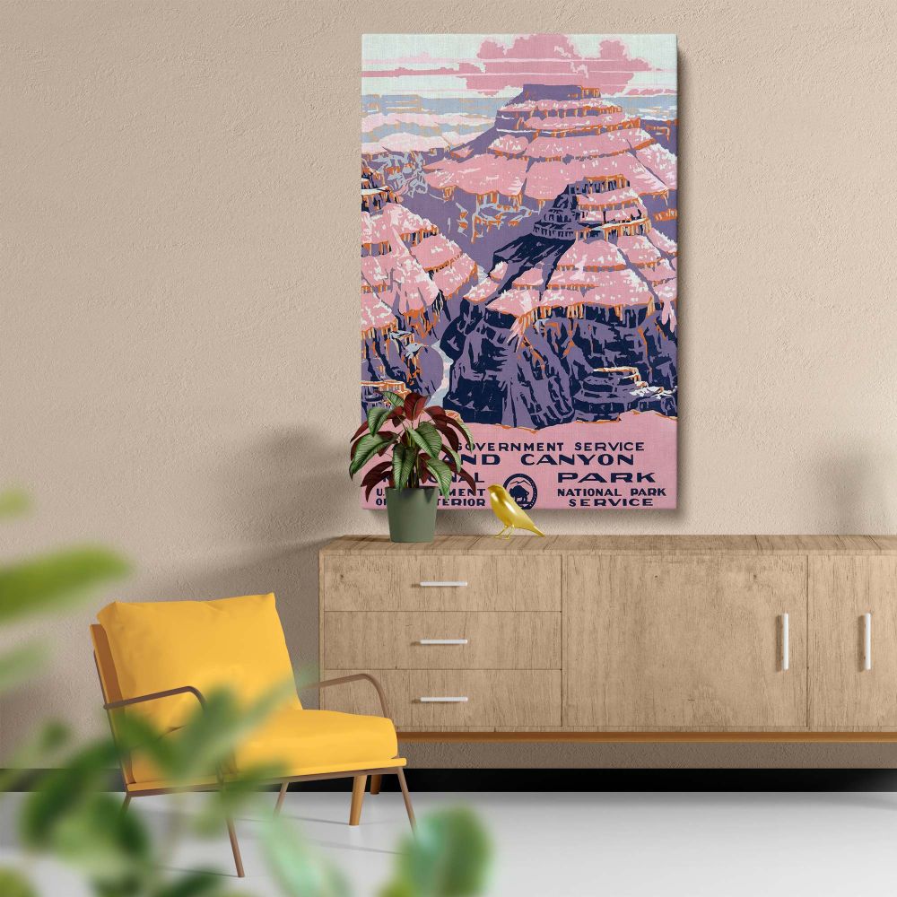 Chester Don Powell's 1938 Grand Canyon National Park poster showcasing an abstract representation of the canyon's iconic cliffs in bold shades of pink, purple, and orange symbolizing timeless travel art and vintage wall decor.