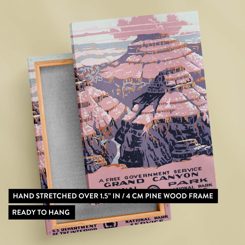 Retro Art Deco Grand Canyon National Park poster by Chester Don Powell illustrating majestic canyon rock formations in pink, purple, and orange tones with vintage typography perfect for travel enthusiasts and wall art collectors.