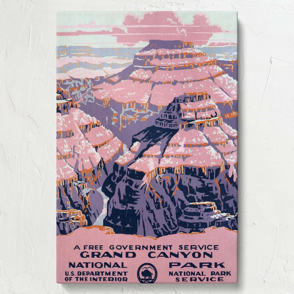 Classic Grand Canyon National Park travel poster by Chester Don Powell (1938) featuring artistic canyon landscapes in bold pink and purple hues capturing the beauty of America's iconic landmark ideal for vintage-inspired home decor.