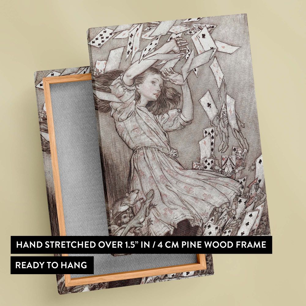 Timeless fantasy art from Alice's Adventures in Wonderland by Arthur Rackham showing Alice in a flowing dress caught in a whirlwind of playing cards with faces, depicted in intricate vintage line art and dreamlike shading.