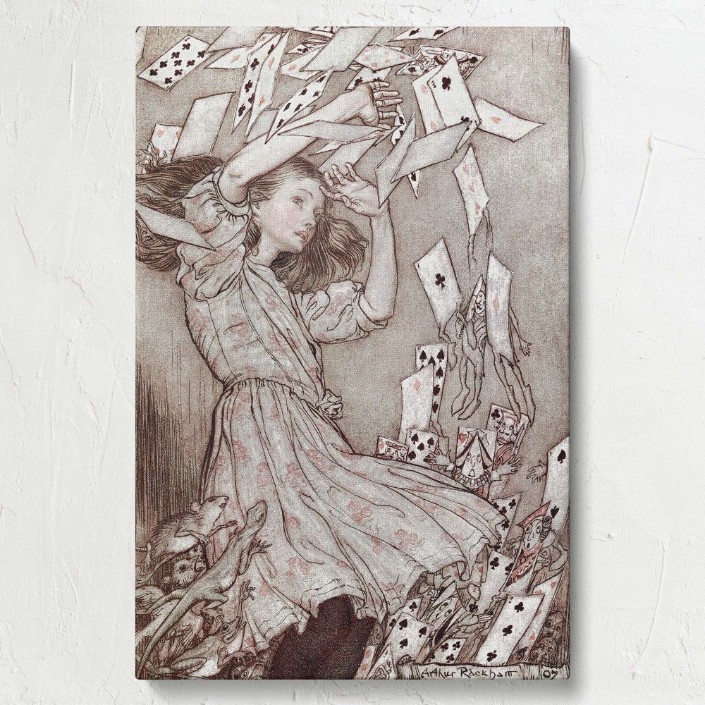 Classic scene from Alice's Adventures in Wonderland illustrated by Arthur Rackham in 1907 capturing Alice in a defensive pose surrounded by enchanted playing cards in motion, featuring delicate details and vintage charm.