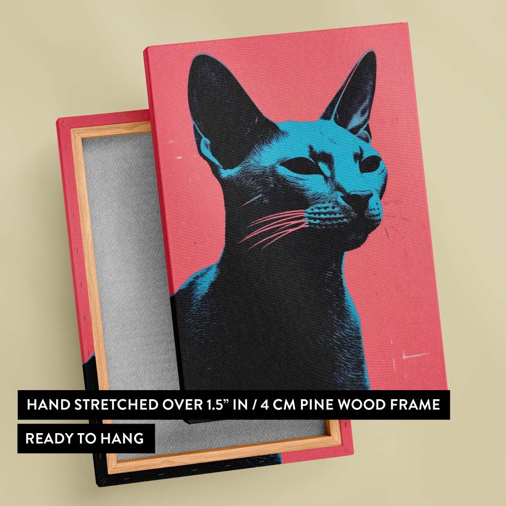 Eye-catching black cat wall canvas in modern pop art style with bold electric blue facial shading, neon pink whiskers, and a bright pink background, making a striking focal point for art enthusiasts and stylish interior spaces.