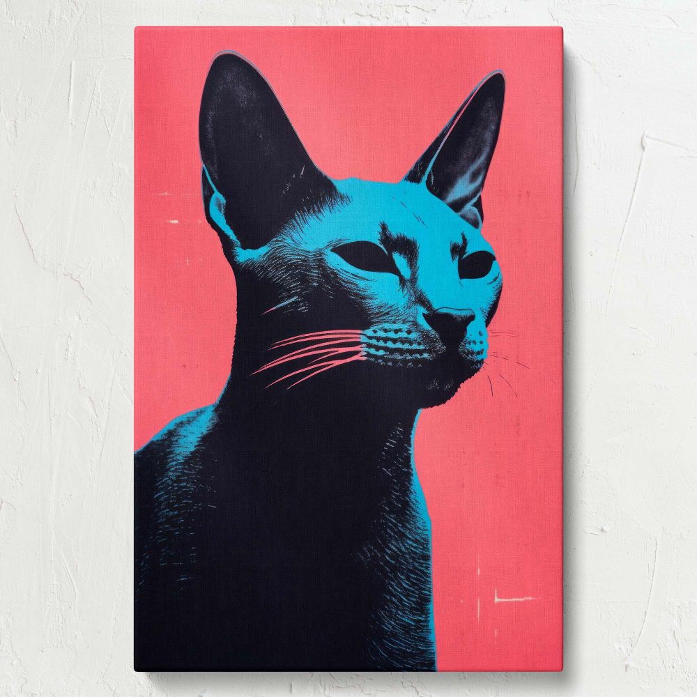 Pop art-style black cat wall canvas showcasing a bold feline silhouette with vibrant electric blue highlights and neon pink whiskers set against a bright pink backdrop, ideal for adding a modern and playful artistic touch to home decor.