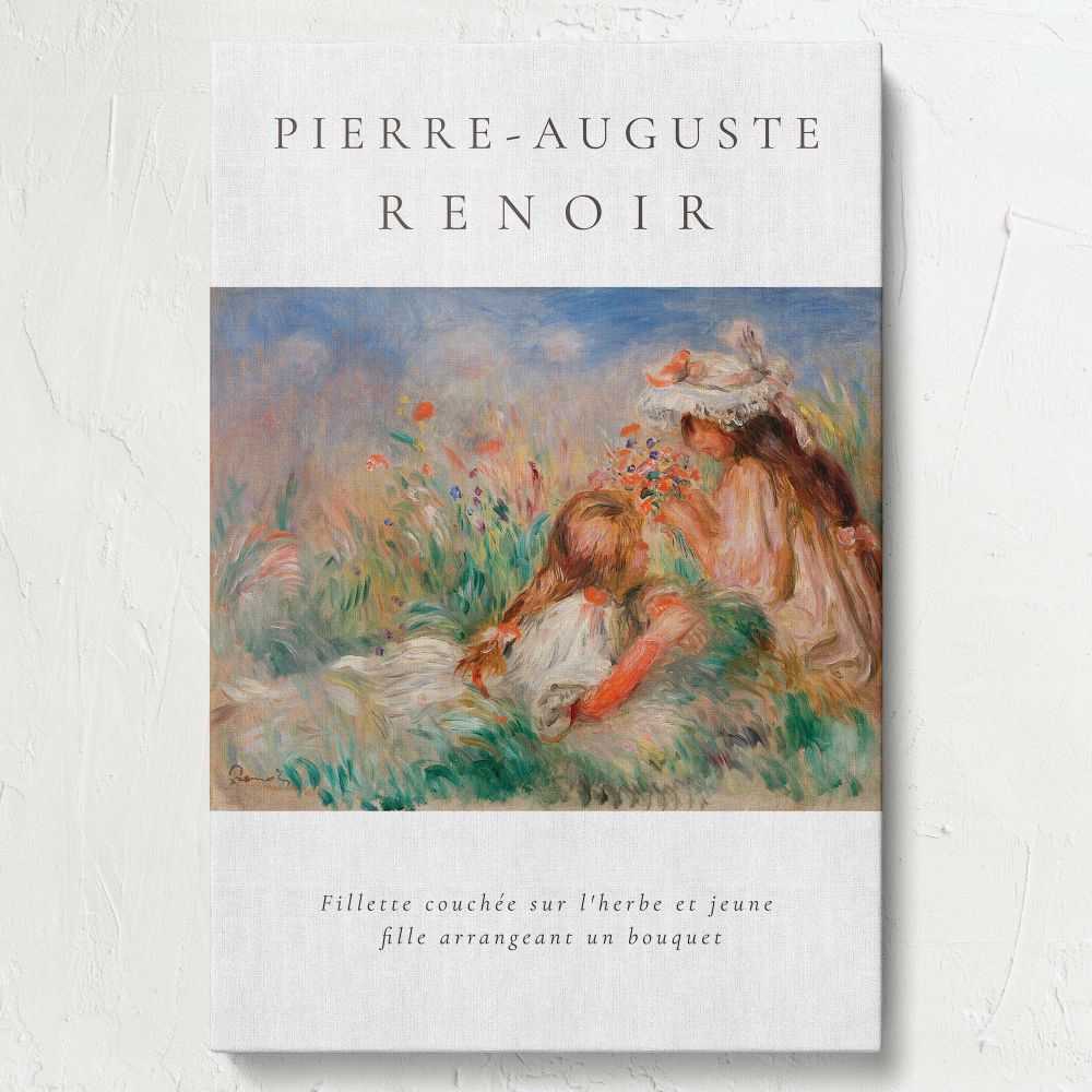 Romantic French painting Girls in the Grass Arranging a Bouquet (1890) by Pierre-Auguste Renoir featuring two girls surrounded by wildflowers and lush greenery, depicted with delicate brushstrokes and vibrant Impressionist colors.