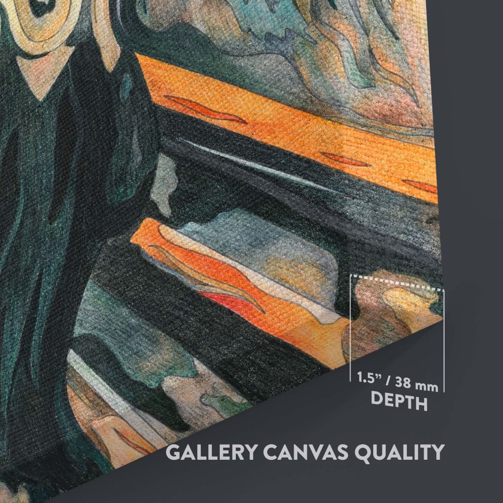 Edvard Munch's The Scream painting showcasing a lone figure standing on a bridge with a distorted face in shock surrounded by a swirling sky painted in vibrant shades of red, orange, and blue representing raw emotional expression.