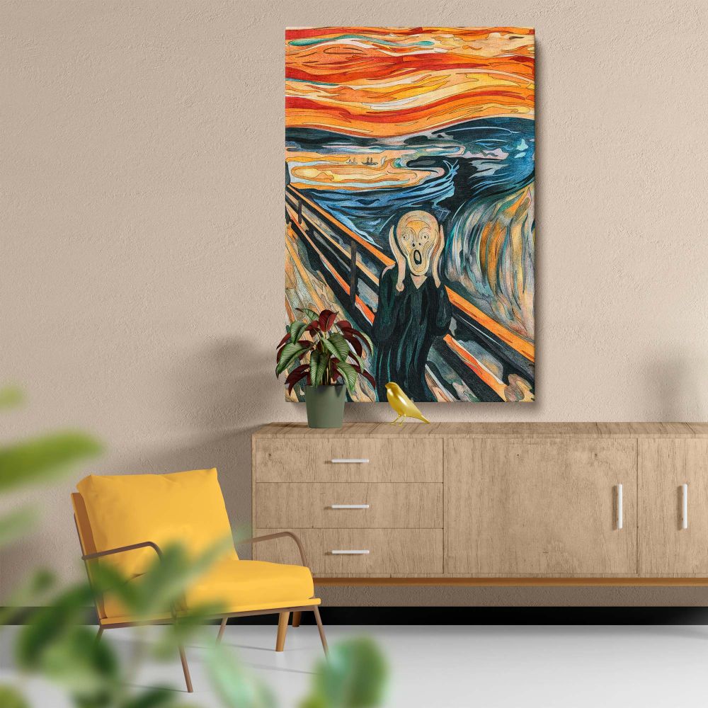 Iconic Expressionist masterpiece The Scream by Edvard Munch featuring a solitary figure with an anguished expression standing on a bridge surrounded by turbulent swirling colors of fiery reds, deep blues, and vibrant oranges symbolizing emotional unrest.