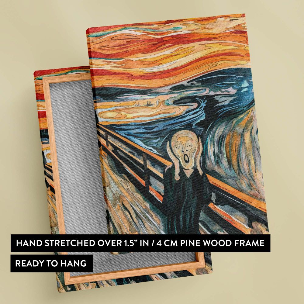Timeless painting The Scream by Edvard Munch capturing a surreal and emotional scene with a lone figure on a bridge surrounded by a vibrant chaotic sky in shades of red, orange, and blue symbolizing inner psychological torment and existential anxiety.