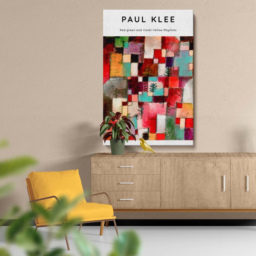 Red Green and Violet-Yellow Rhythms by Paul Klee 1920, an abstract masterpiece showcasing colorful geometric forms, rhythmic patterns, and stylized tree-like symbols painted in vibrant red, green, yellow, and violet hues on canvas.