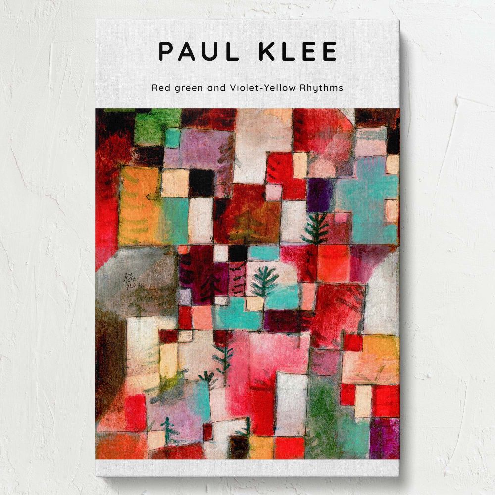 Paul Klee's modern art print Red Green and Violet-Yellow Rhythms 1920 displaying vibrant geometric shapes, tree-like symbols, and blocks of red, green, yellow, and violet tones arranged in a rhythmic, dynamic composition on canvas.