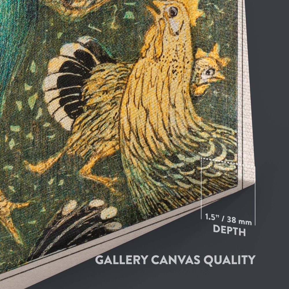 Artistic print Pauw met Kippen by Theo van Hoytema illustrating an elegant peacock with a fully displayed fan of colorful tail feathers accompanied by golden chickens, set against a lush green background with fine detailing and rich textures.