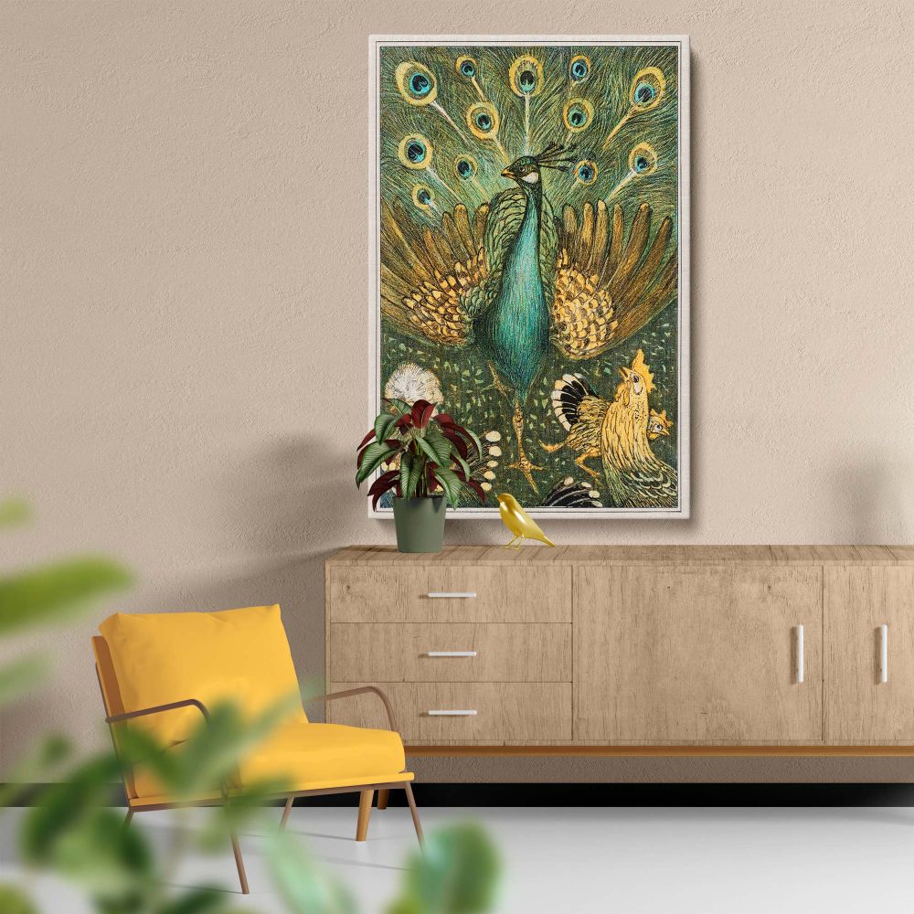Dutch vintage illustration Pauw met Kippen by Theo van Hoytema highlighting a majestic peacock with radiant green plumage surrounded by chickens, emphasizing intricate line work, rich colors, and a harmonious natural theme.