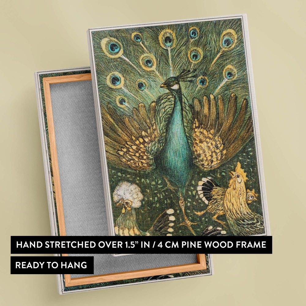 Nature-inspired vintage print Pauw met Kippen by Theo van Hoytema showcasing a beautifully detailed peacock in vibrant emerald tones with its tail feathers fanned out and surrounded by chickens, reflecting Dutch artistry and timeless elegance.