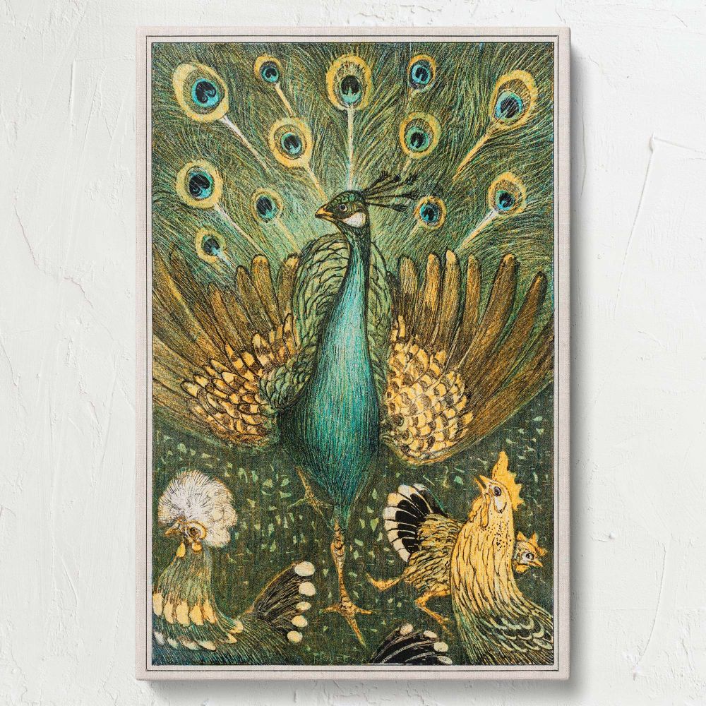 Exquisite Dutch artwork Pauw met Kippen by Theo van Hoytema depicting a proud peacock with colorful feathers surrounded by curious chickens, painted with fine brushwork, natural tones, and artistic harmony in a vintage illustration style.