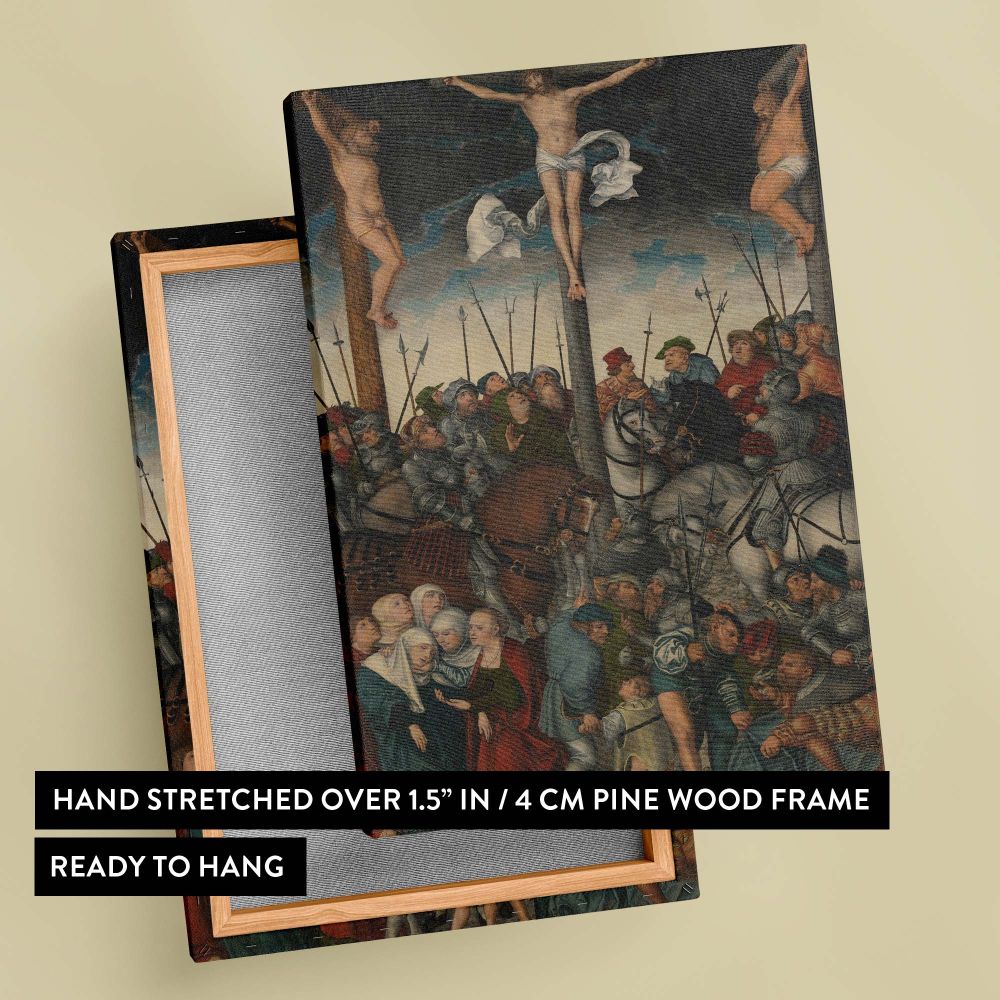 The Crucifixion by Lucas Cranach the Elder captures Jesus Christ crucified alongside two thieves, surrounded by mourning women, Roman soldiers with lances, and detailed armor, expressing deep sorrow and historical storytelling through Renaissance art.