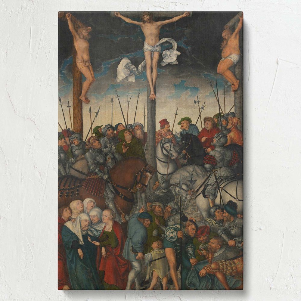 Biblical painting The Crucifixion by Lucas Cranach the Elder portrays Christ crucified with thieves on each side, Roman soldiers in detailed armor, and a group of mourning women, using rich colors and emotional expressions to convey a powerful scene.