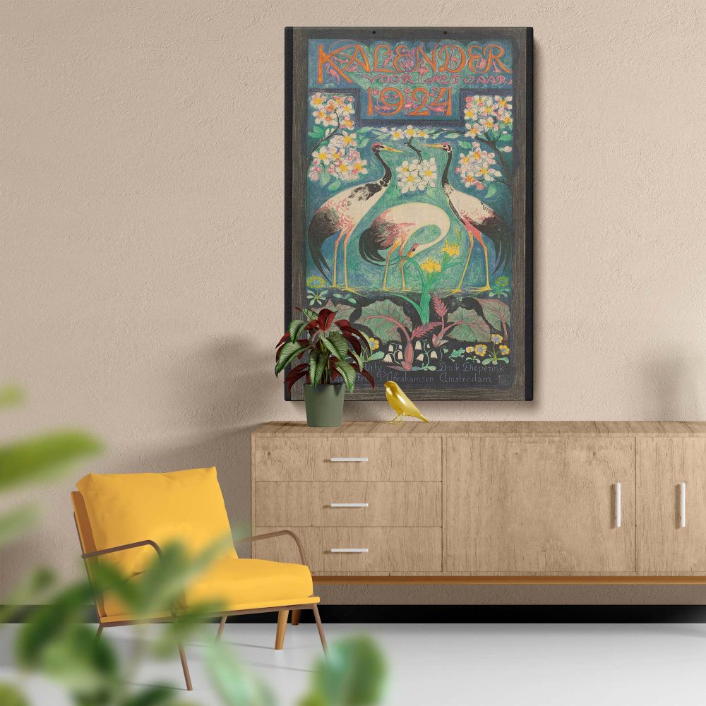 Titelblad voor een kalender voor 1924 by Leo Visser captures an art nouveau calendar cover featuring three graceful cranes amidst flowering plants, leaves, and ornate typography, reflecting historic Dutch art and vintage graphic design aesthetics.