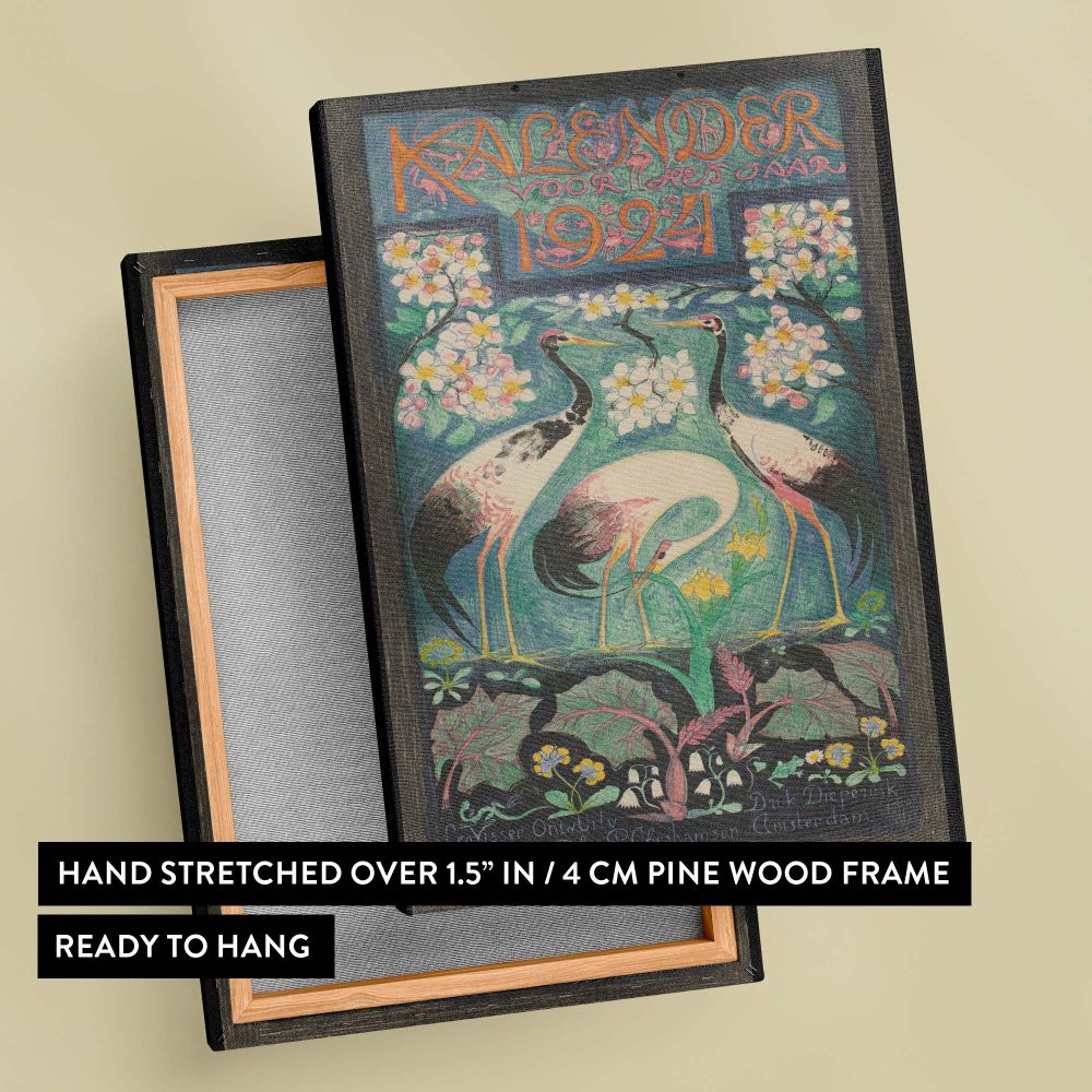 Intricate calendar cover artwork Titelblad voor een kalender voor 1924 by Leo Visser showcasing three cranes standing amidst detailed floral and botanical patterns, vibrant colors, and a harmonious blend of art nouveau style and vintage Dutch design.
