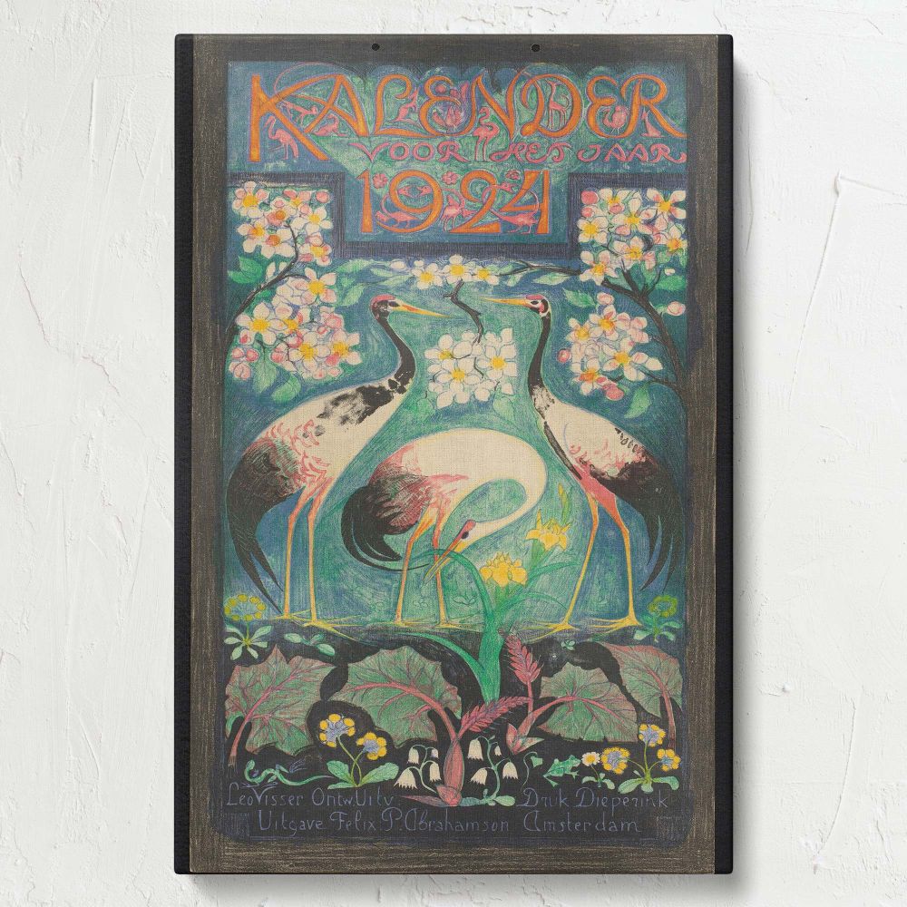 Vintage Dutch illustration Titelblad voor een kalender voor 1924 by Leo Visser portrays cranes surrounded by vibrant flowers, intricate leaves, and ornamental designs, reflecting early 20th-century art nouveau influence and artistic craftsmanship.