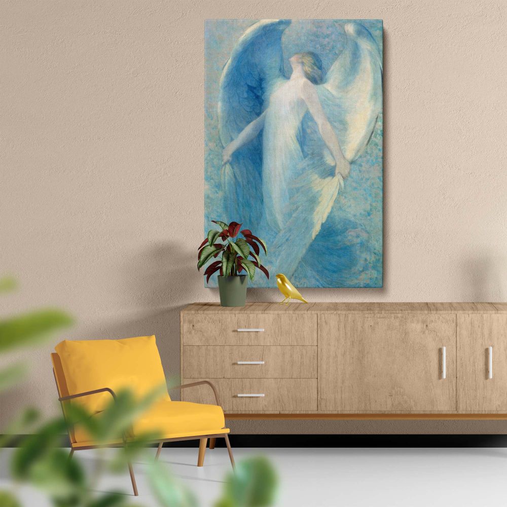 William Baxter Closson's painting The Angel (1926) captures a celestial figure with outstretched wings in heavenly shades of blue symbolizing spiritual elevation peace and serenity making it a timeless addition to classic art collections or home decor.