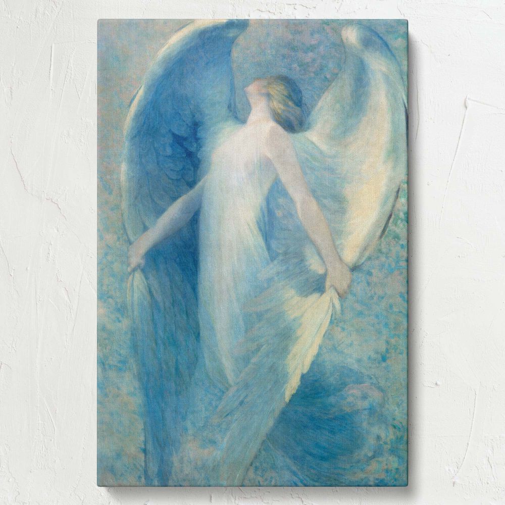 Timeless artwork titled The Angel (1926) by William Baxter Closson showcasing a serene celestial angel with expansive wings and soft flowing textures painted in calming shades of blue capturing a moment of divine peace and artistic excellence.
