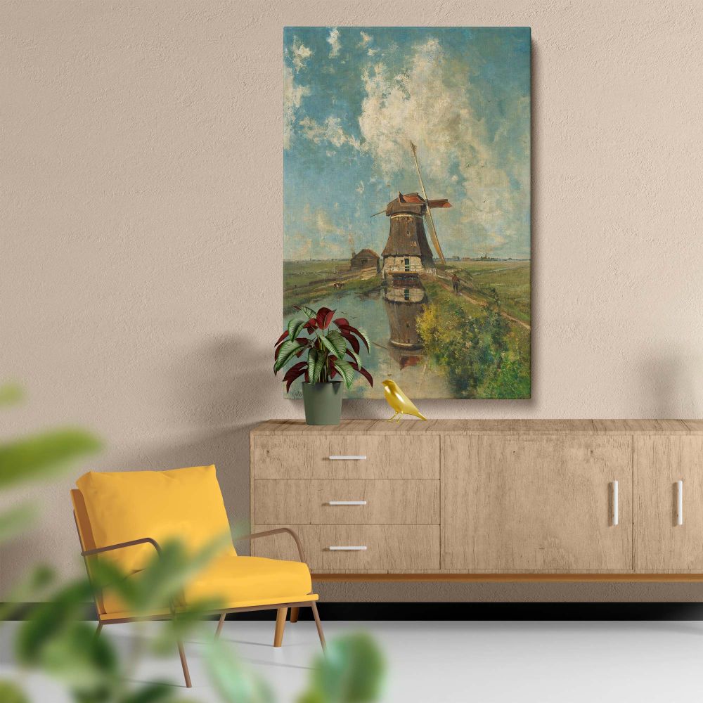 Historical artwork titled A Windmill on a Polder Waterway Known as In the Month of July by Paul Joseph, displaying a serene rural Dutch landscape with a picturesque windmill and reflective waters, perfect for vintage-inspired interiors.