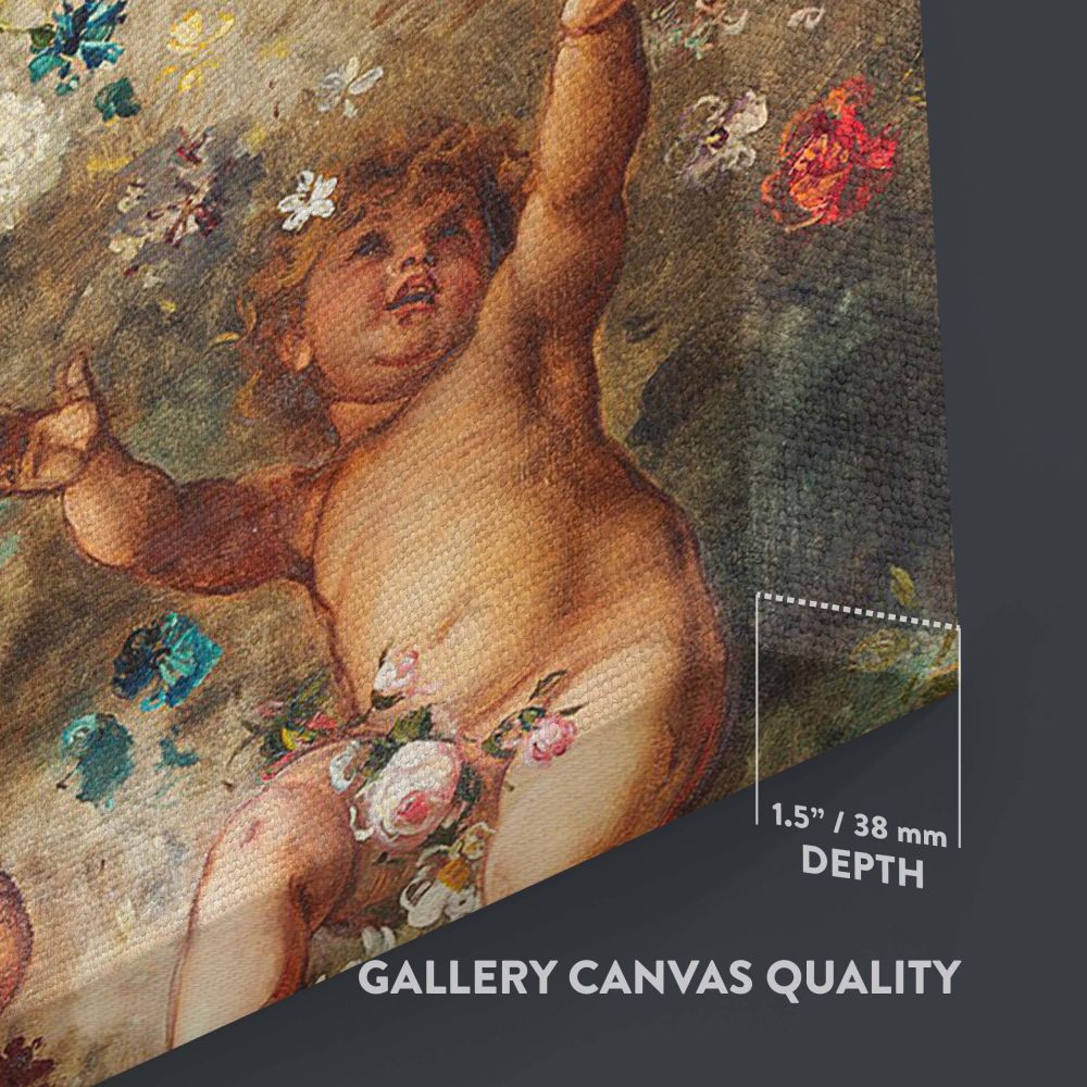 Ethereal angel wall canvas titled Eirene by Ludwig Knaus, featuring a celestial figure with golden wings, holding a basket of flowers, accompanied by cherubs playing among scattered petals, perfect for vintage-inspired home d