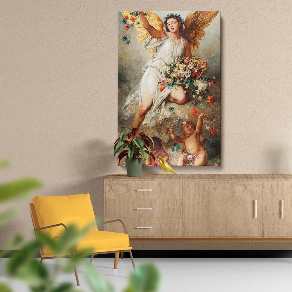 Antique canvas artwork featuring Eirene by Ludwig Knaus, illustrating a celestial angel with flowing robes, golden wings, and a basket of colorful flowers, surrounded by playful cherubs in a serene and timeless composition.