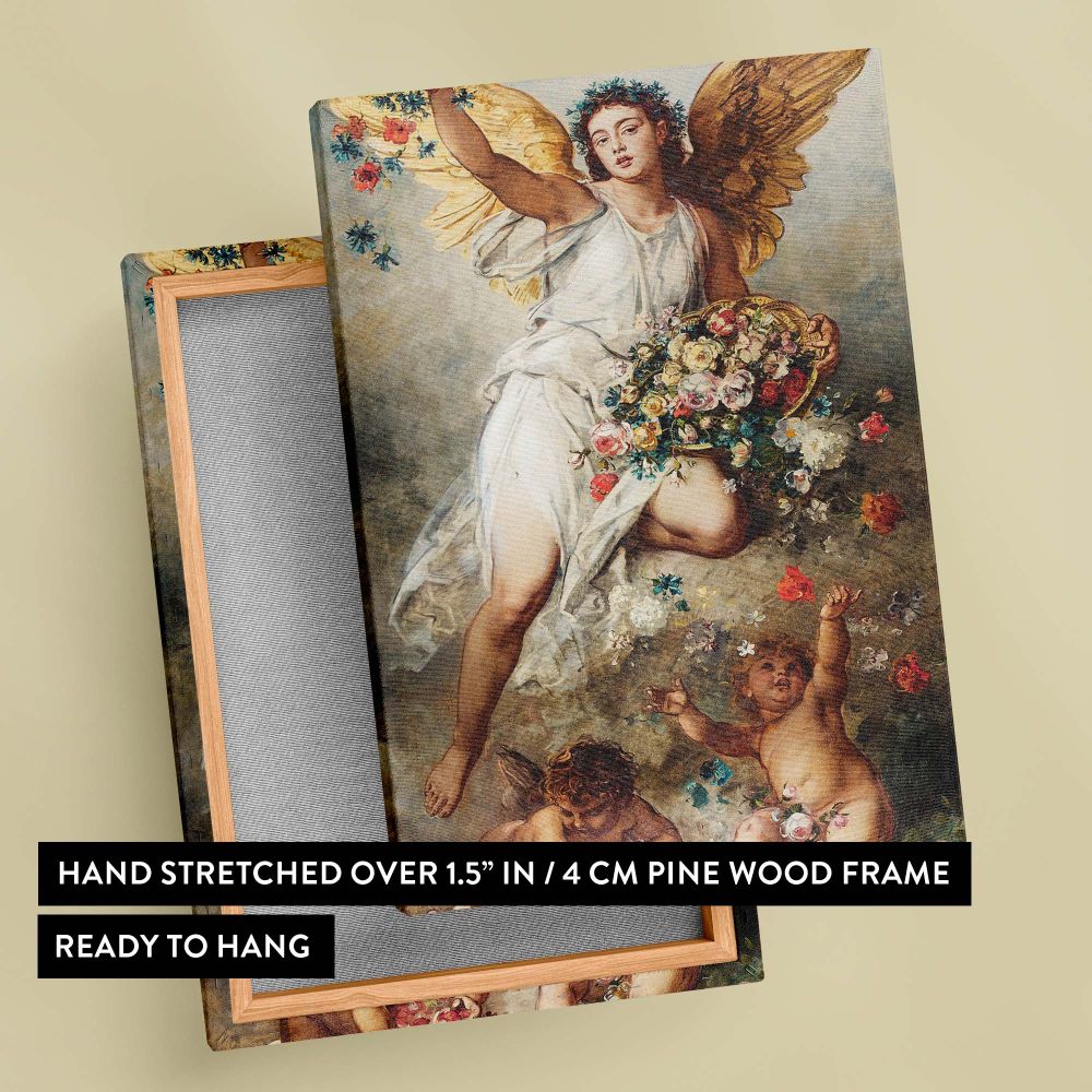 Elegant angelic painting titled Eirene by Ludwig Knaus, showing an angel holding a basket of flowers with golden wings, accompanied by cherubs scattering petals, perfect for classic vintage wall d