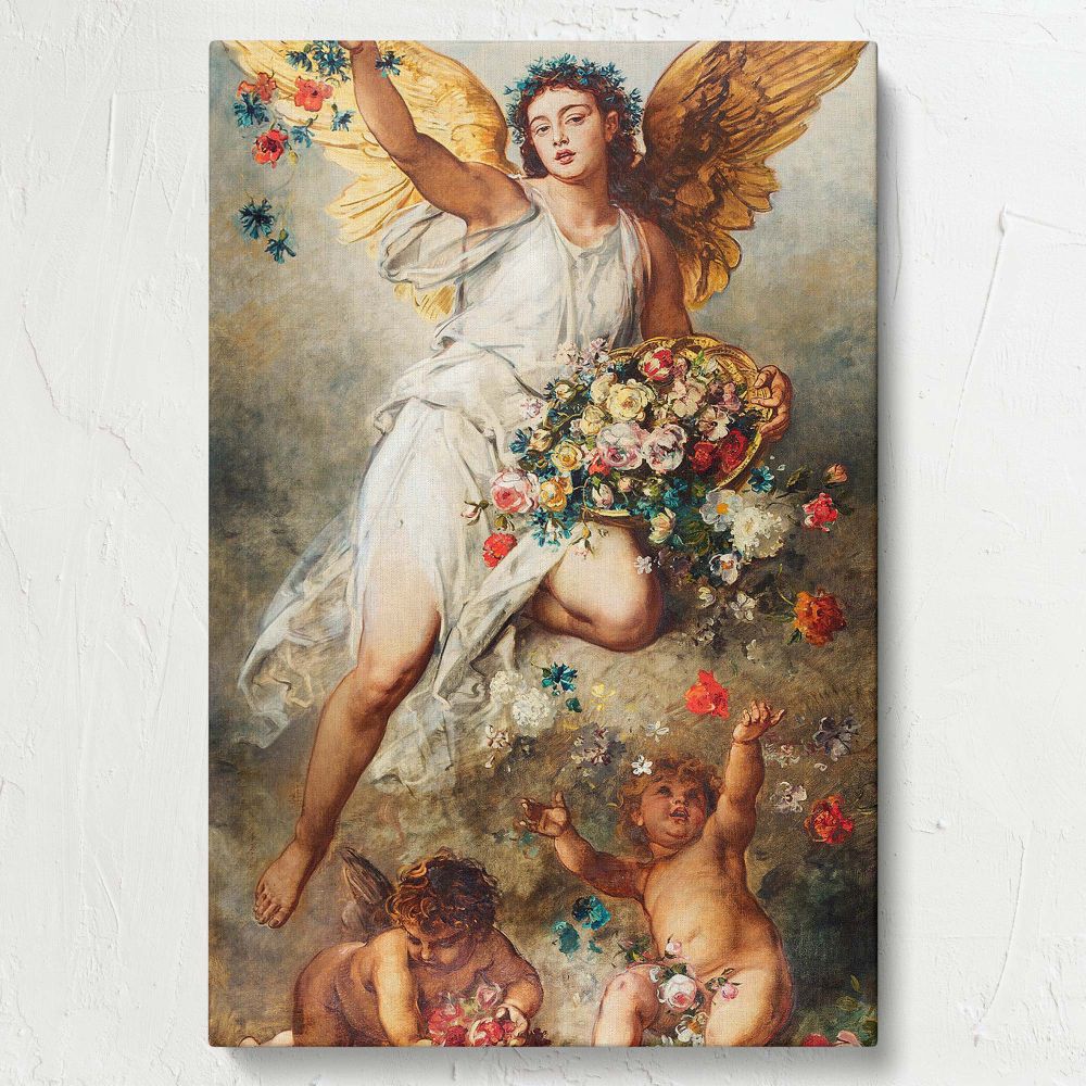 Celestial angel wall art print titled Eirene (1888) by Ludwig Knaus, showcasing a divine angel with golden wings, a floral basket, and cherubic companions surrounded by colorful flowers, ideal for elegant home interiors.
