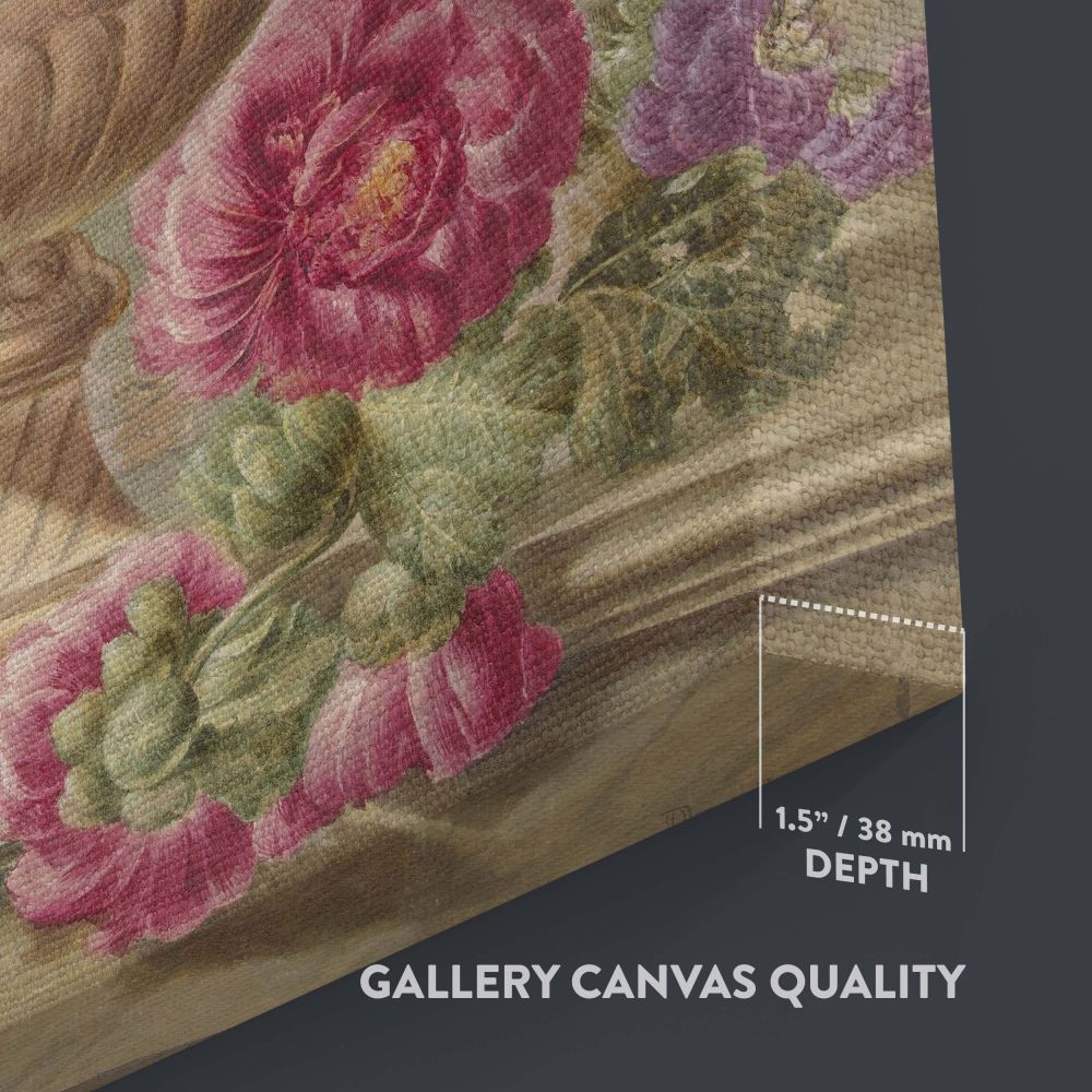 Vintage still life artwork titled Vaas met Bloemen by Pieter van Loo, displaying a classical vase overflowing with rich floral arrangements, delicate petals, and lush leaves, perfect for adding timeless charm to home or office decor.