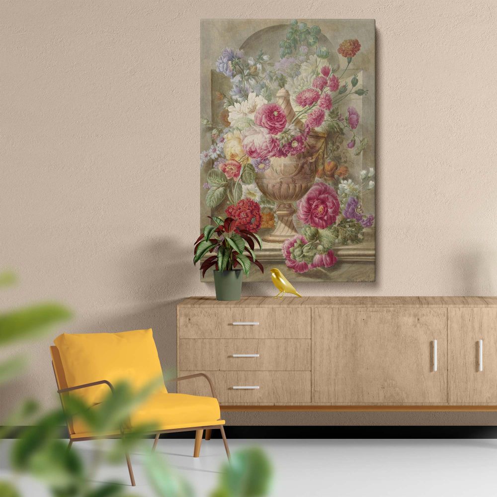 Botanical art print Vaas met Bloemen by Pieter van Loo, featuring an intricate floral arrangement in an elegant vase, with vibrant hues and realistic textures, creating a timeless and sophisticated focal point for home decor.