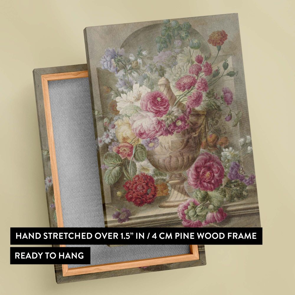 Floral still life canvas Vaas met Bloemen by Pieter van Loo, highlighting an ornate vase filled with colorful blooms, including red, pink, and white flowers, carefully painted with soft lighting and fine details for vintage-inspired wall art.