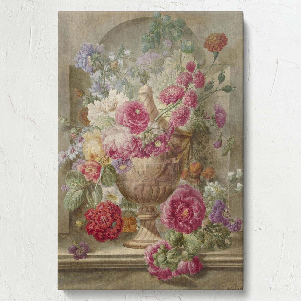 Pieter van Loo's Vaas met Bloemen painting, a detailed still life depicting an antique vase overflowing with vibrant flowers, expertly painted with intricate brushstrokes and lifelike realism, ideal for elegant home or office wall decor.