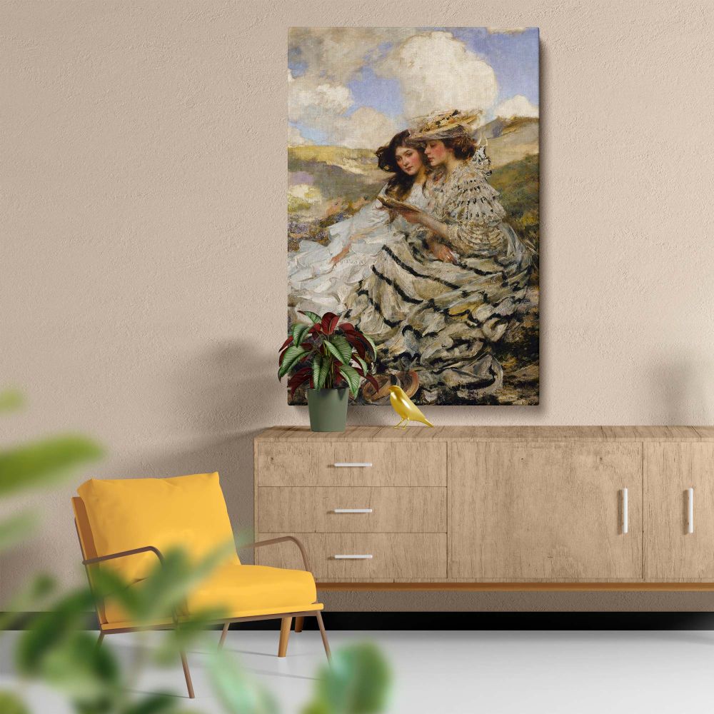 Historical art print On the Dunes (Lady Shannon and Kitty) by James Jebusa Shannon, showing two women in Victorian attire seated on rolling dunes surrounded by soft skies and natural tones, painted with realism and timeless charm.